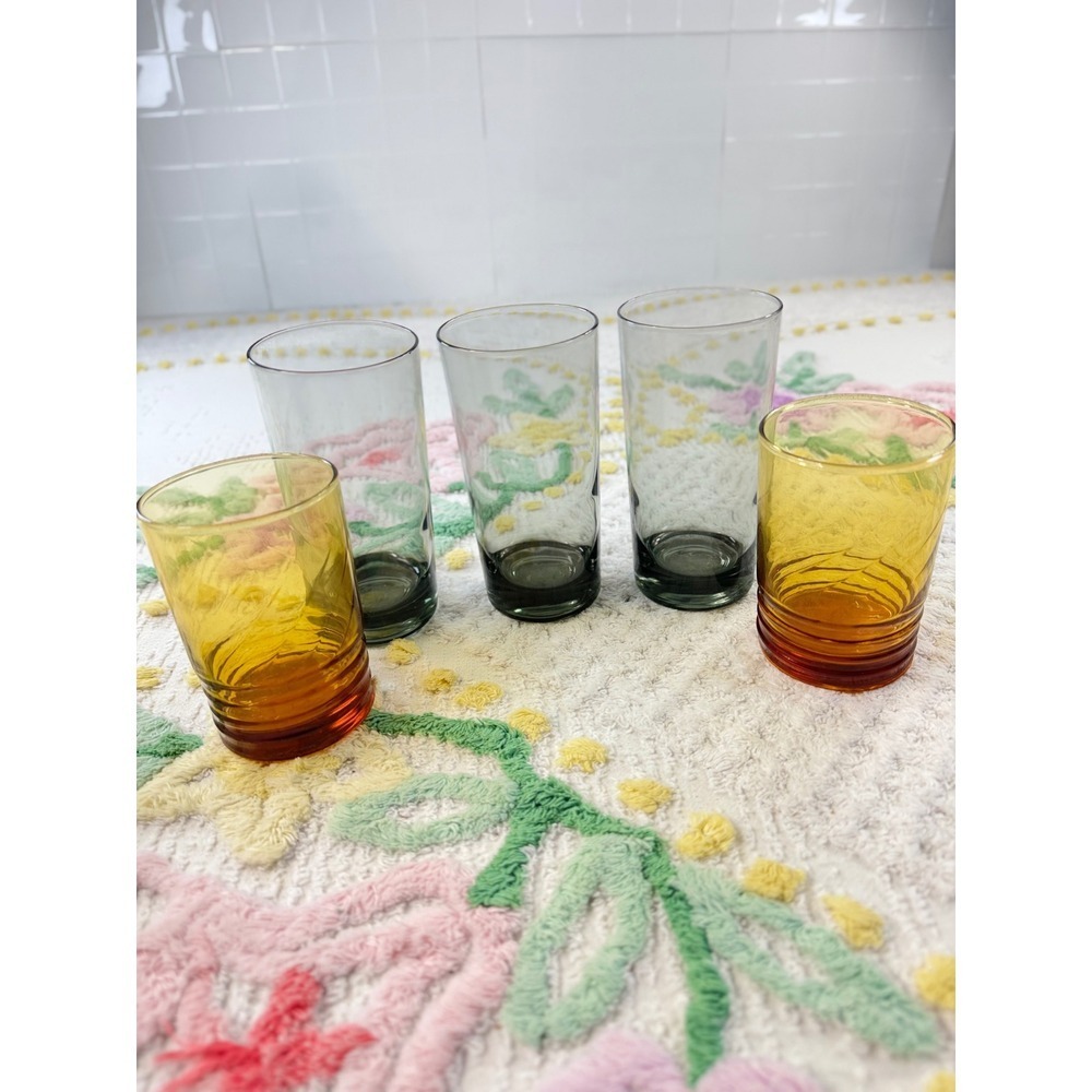 Vintage Mid Century Modern Glassware Set‎ 5 Smoke Gray Highball Amber Tumblers